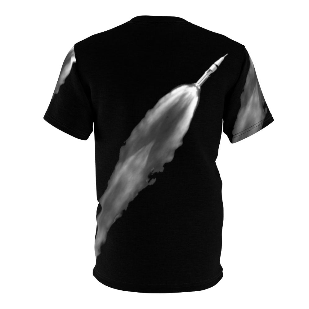 Space-themed graphic t-shirt design featuring a rocket launch - Back