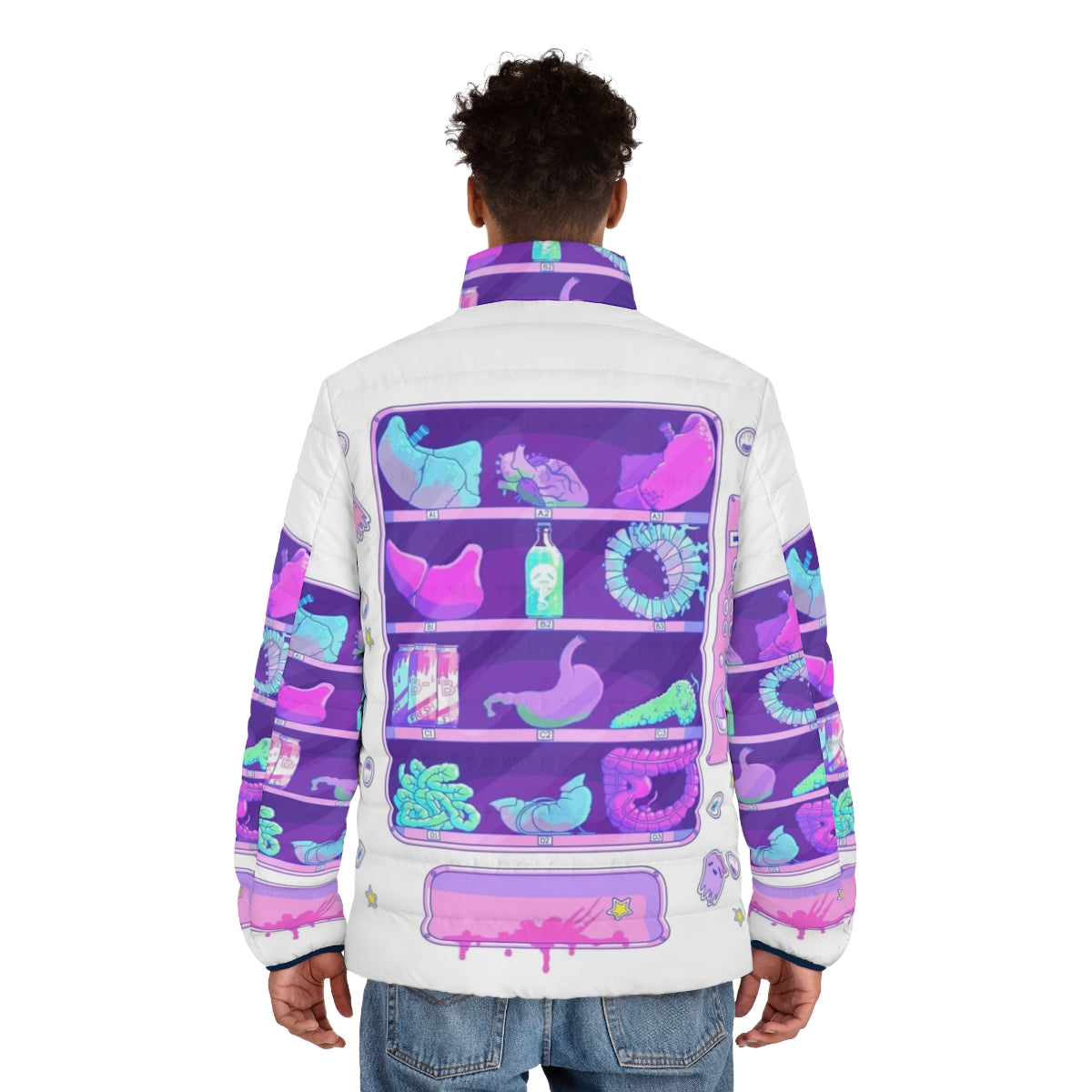 Pastel goth puffer jacket with a print of bizarre, surreal organs - men back