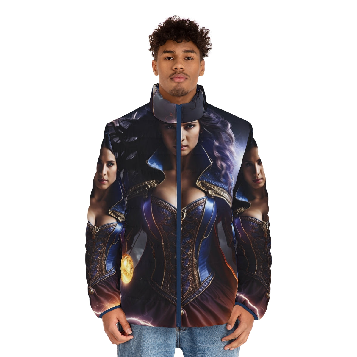 A blue electric puffer jacket with a superhero-inspired design - men front