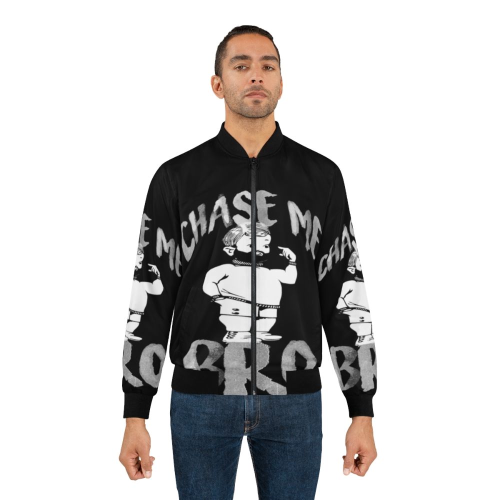 A vibrant bomber jacket featuring a "Chase Me Bro" design, perfect for the gay bear and chub chaser community. - Lifestyle