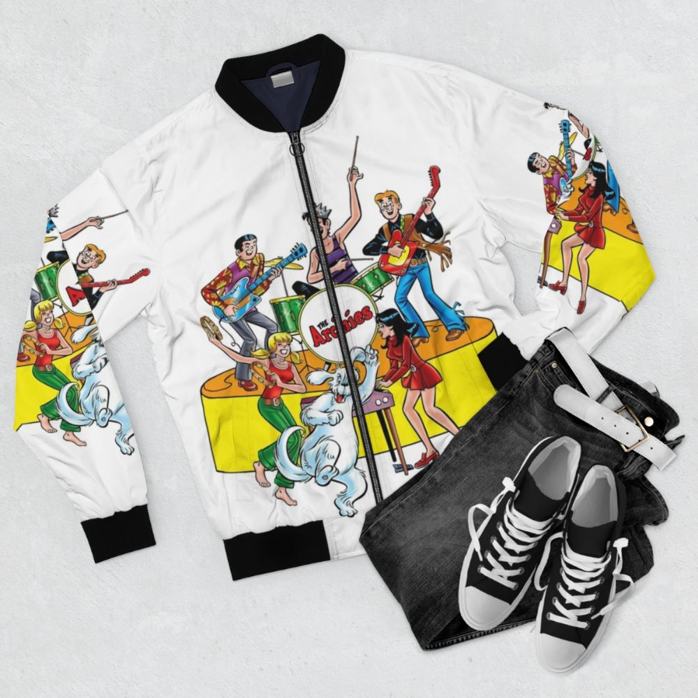 Archies Rock Stars Bomber Jacket with 1970s music band graphics - Flat lay