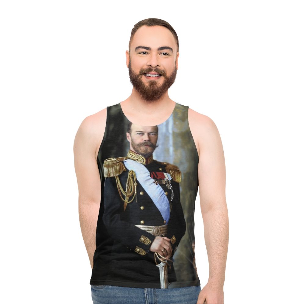 Unisex tank top featuring a historical portrait of Czar Nicholas II of Russia - men