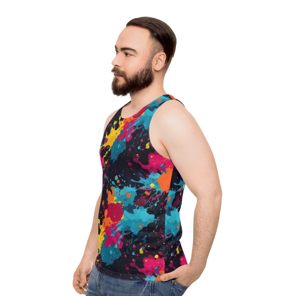 Colorful paint splatter design on a unisex tank top - men side