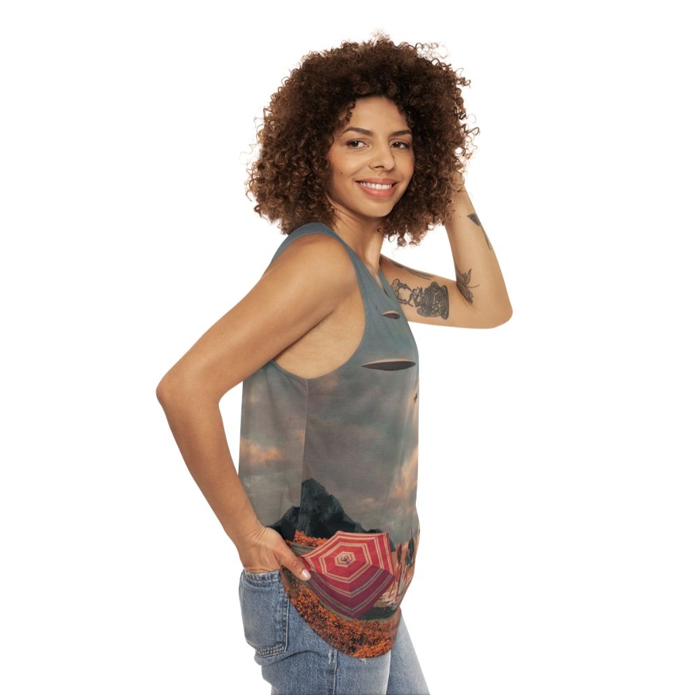 Unisex retro sci-fi tank top with surreal landscape design - women side