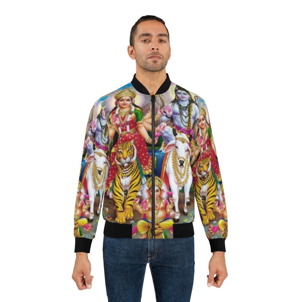 Hindu spiritual art featuring Shiva, Parvati, and Ganesha on a bomber jacket - Lifestyle