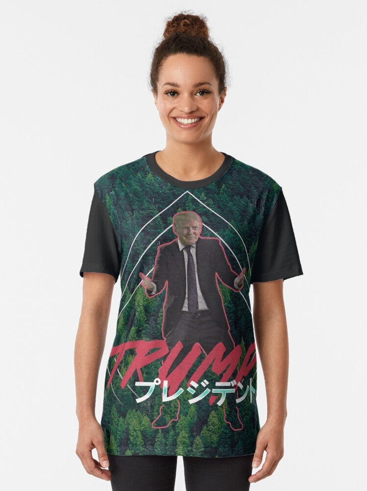 Vaporwave Donald Trump graphic t-shirt with retro, 90s aesthetic and pop art design - Women