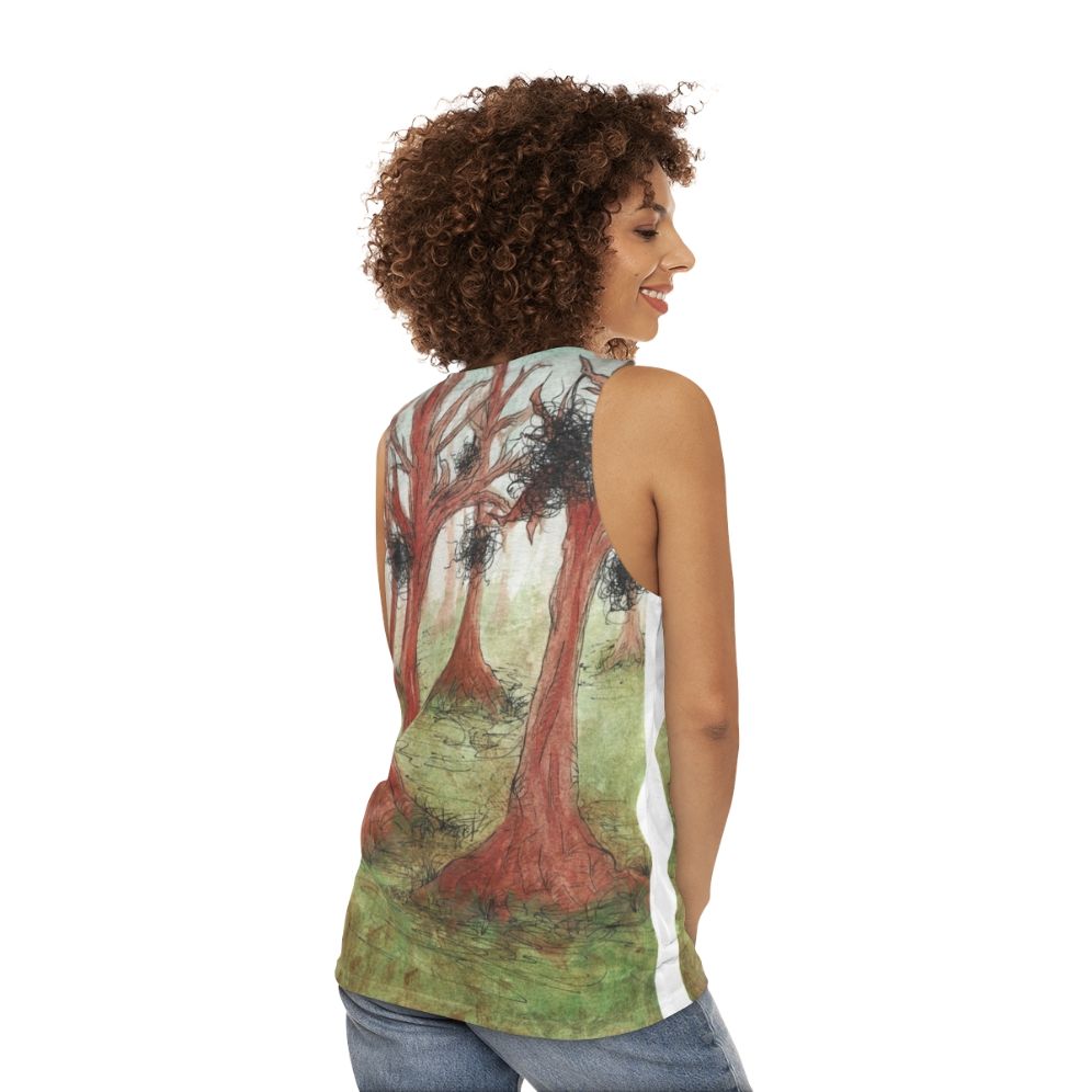 Whimsical abstract watercolor forest landscape unisex tank top - women back