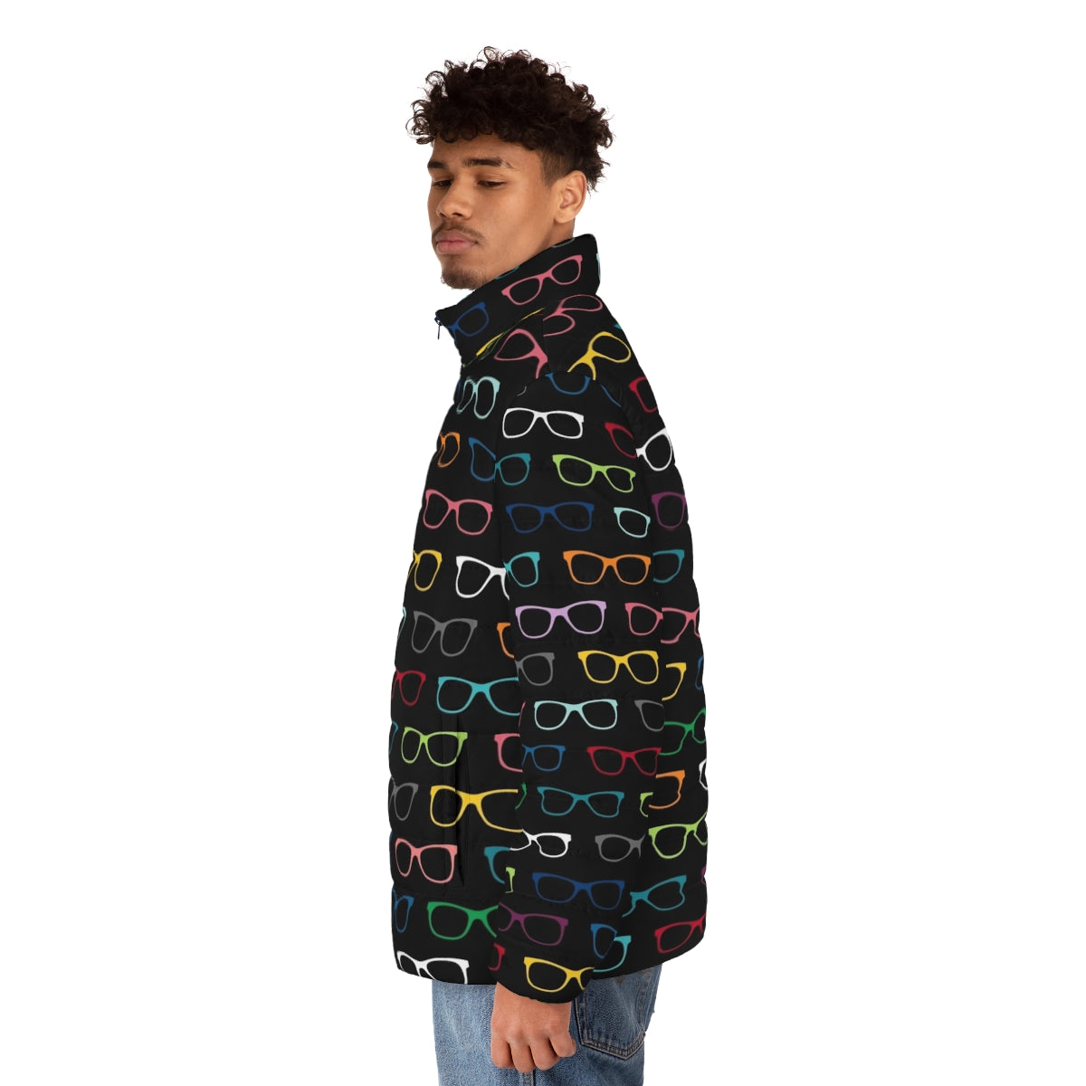 Colorful puffer jacket with hipster eyeglasses pattern - men side left