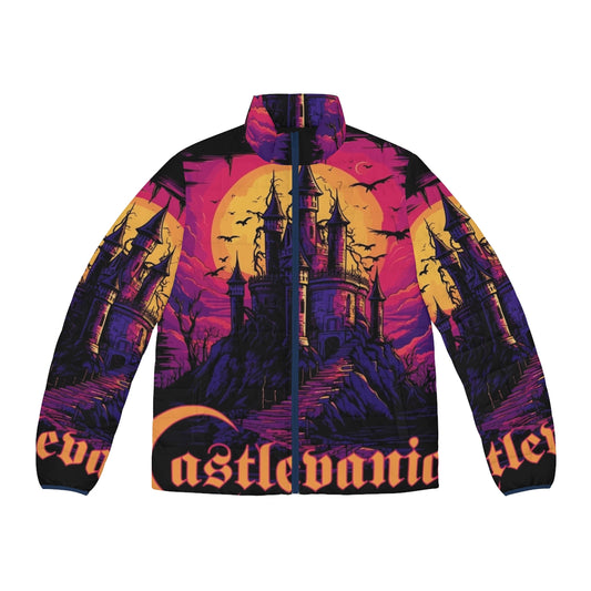 Castlevania vaporwave puffer jacket with retro gaming and horror inspired design