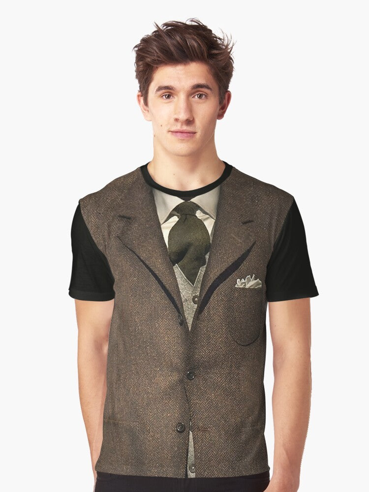 A vintage-inspired graphic t-shirt featuring a dapper gentleman in a suit and tie. - Men