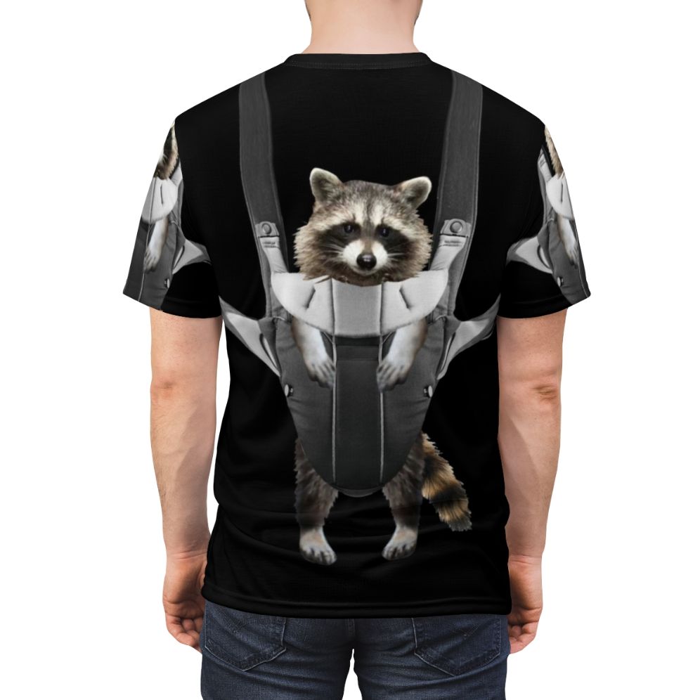 Adorable Raccoon Whisperer T-shirt featuring a cute raccoon in a baby carrier or sling - men back