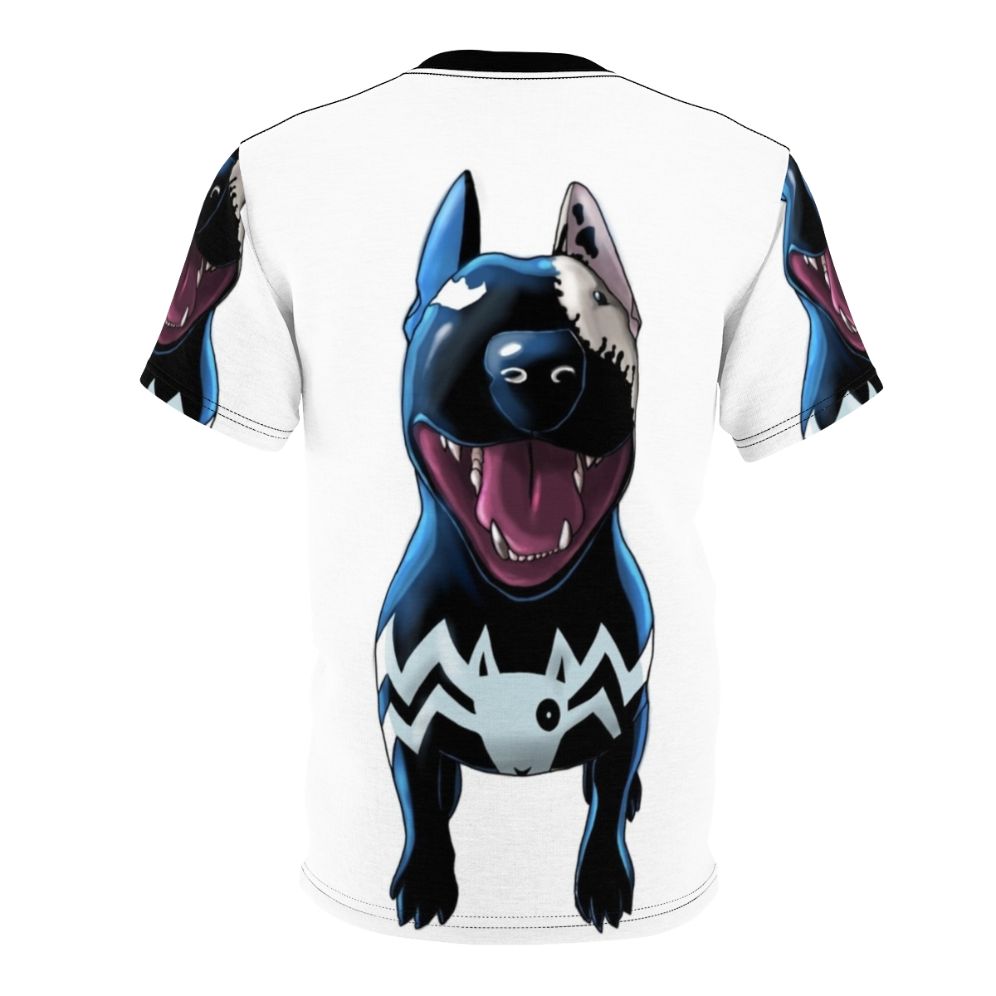 Monochrome graphic t-shirt featuring a superhero and supervillain bull terrier dog in a comic book style design. - Back