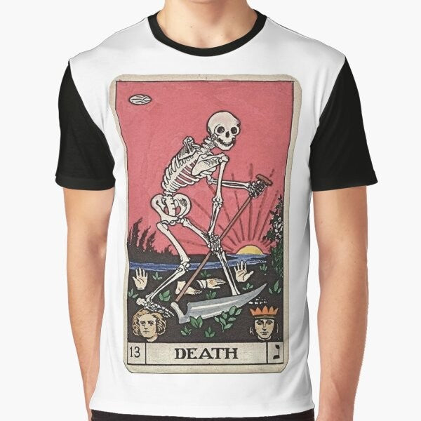 Vintage death tarot graphic t-shirt featuring a spooky skeleton and occult symbols.