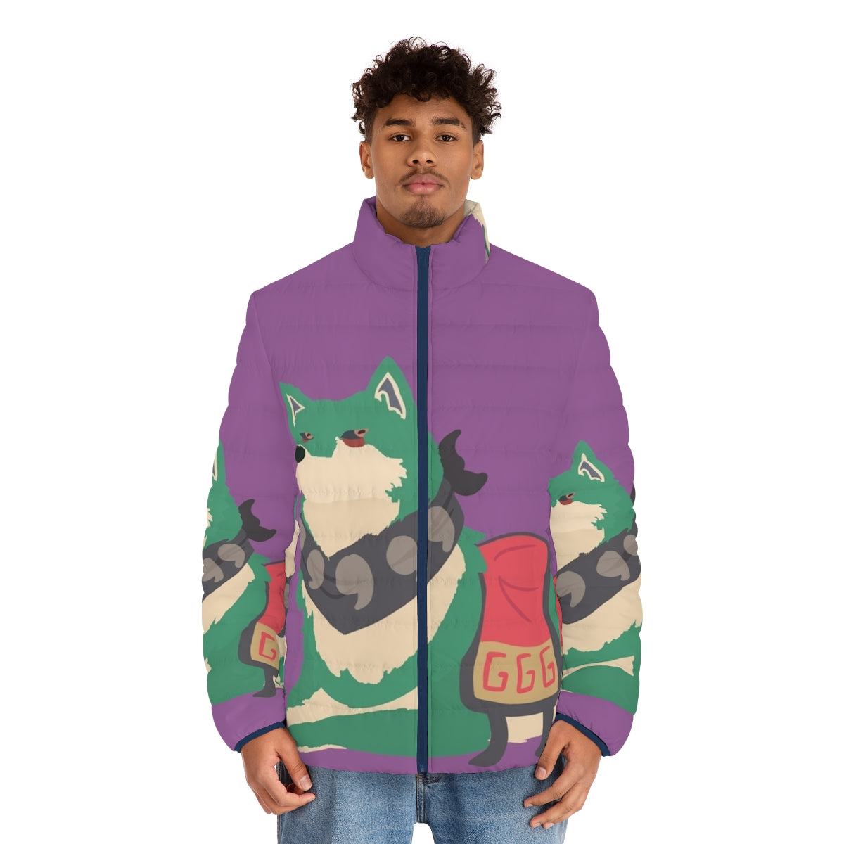 Loopy Toad puffer jacket for dogs, featuring an anime-inspired design - men front