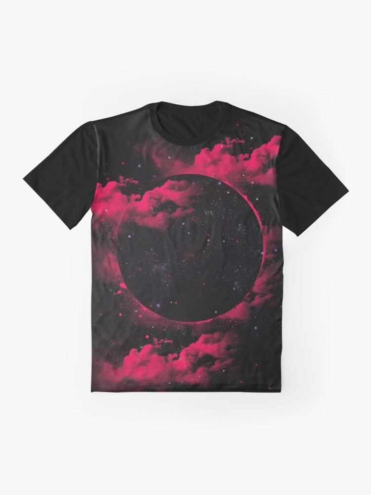 A stylish black t-shirt featuring a graphic design of a mesmerizing black hole in space, surrounded by stars and cosmic elements. - Flat lay