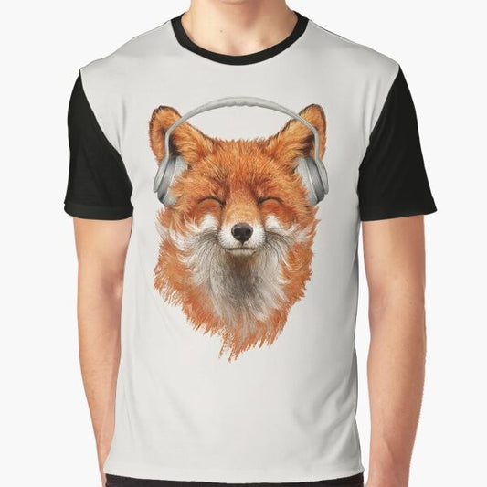 A graphic t-shirt featuring a smiling, musical fox with headphones and a mustache.