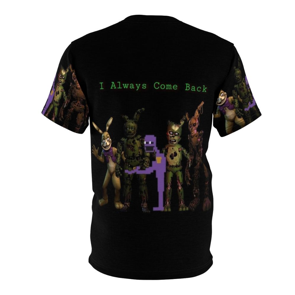 "FNAF-inspired AOP t-shirt featuring the 'Always Come Back' design" - Back