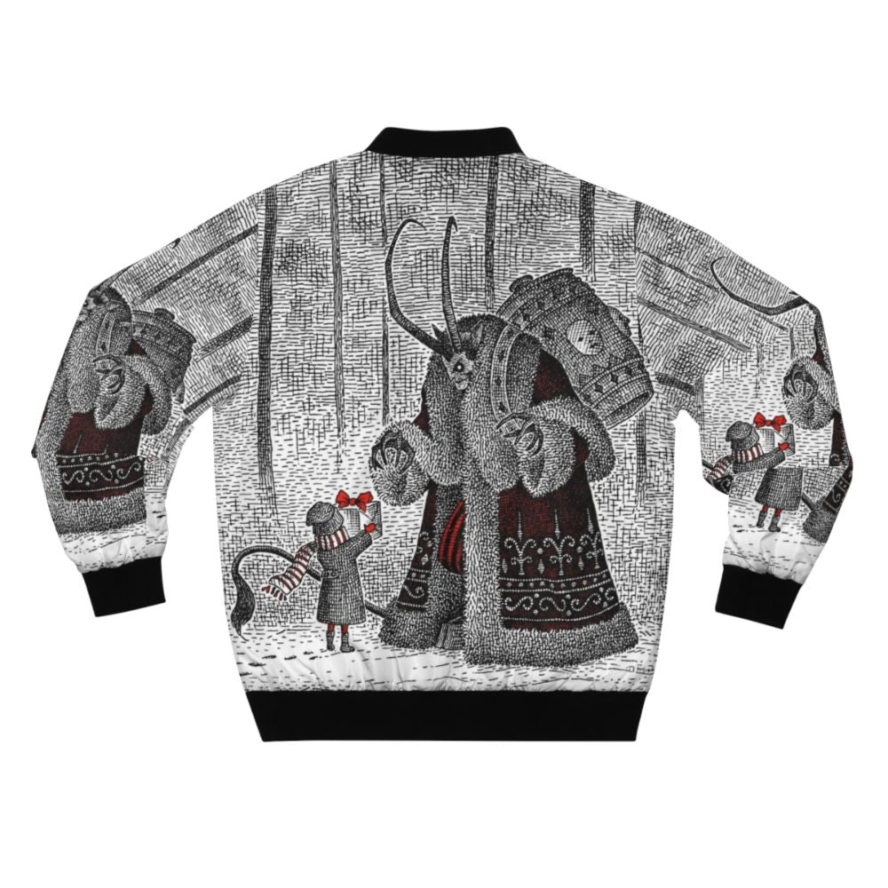 Vintage-style bomber jacket with Krampus, a mythical Christmas creature, on the front. - Back