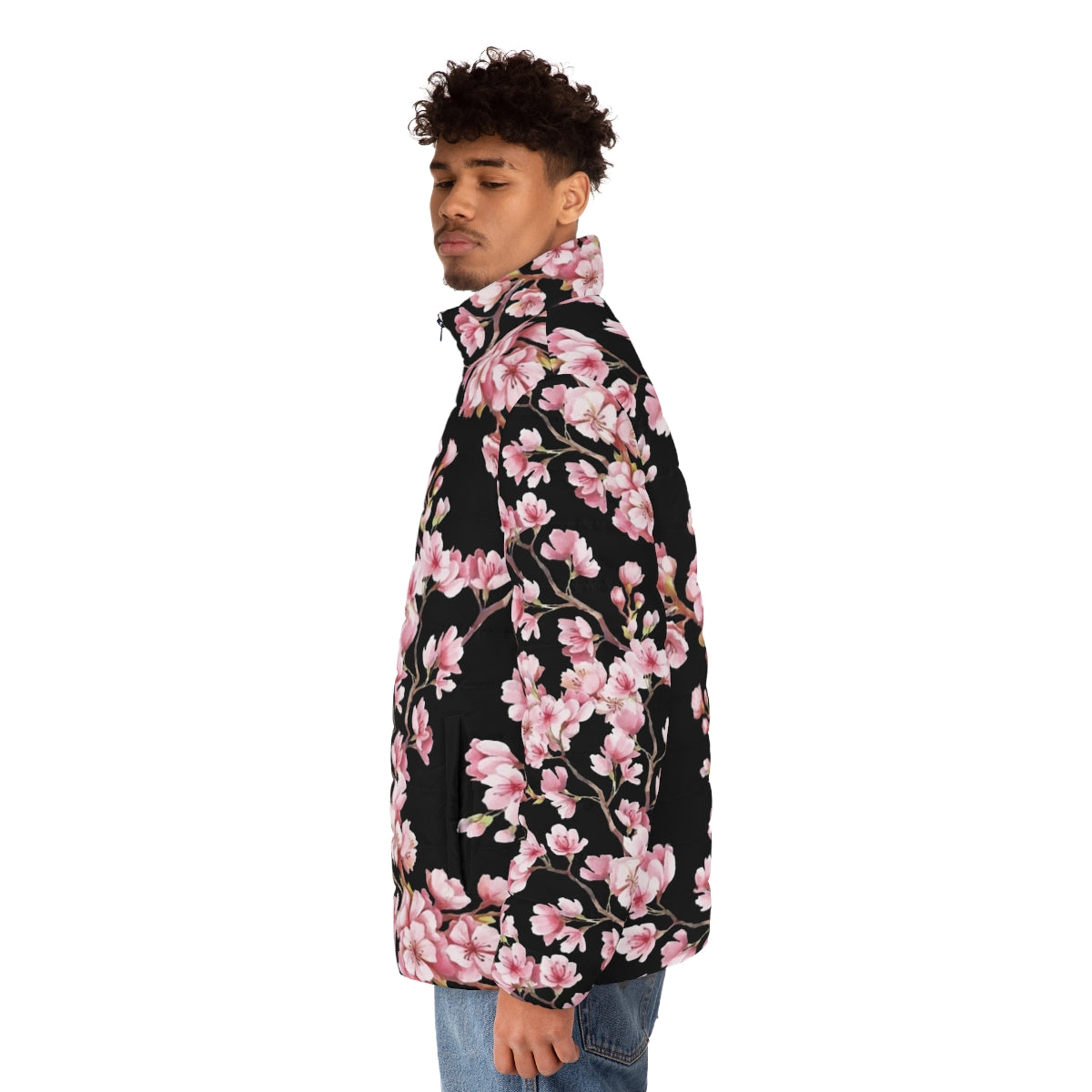 Cherry blossom floral pattern puffer jacket, a stylish and modern outerwear piece - men side left