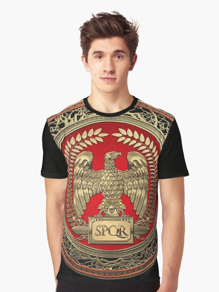 Gold Roman Imperial Eagle over Black Leather Graphic T-Shirt - Men