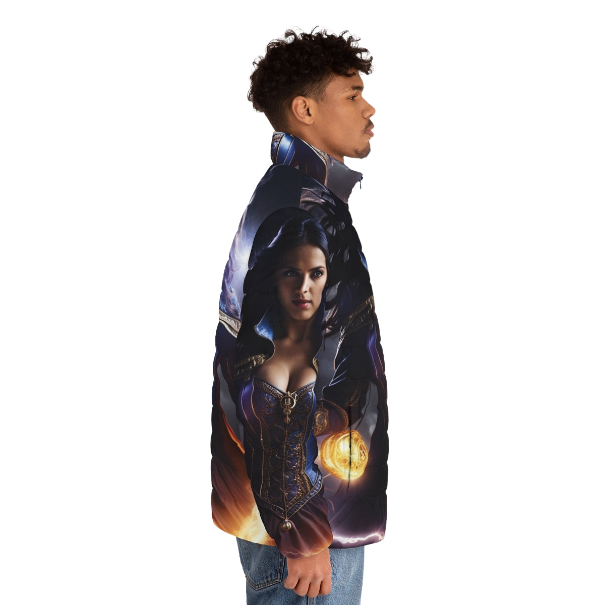 A blue electric puffer jacket with a superhero-inspired design - men side right