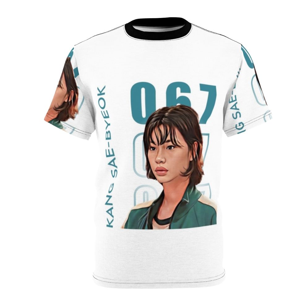 A high-quality, print-on-demand t-shirt featuring fan art inspired by the character Sae Byeok from the popular Netflix series Squid Game.