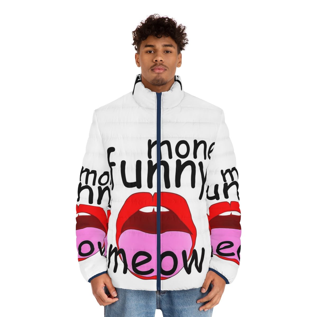 Puffer jacket with a humorous graphic design, perfect for music, movie, sports, gaming, anime, and pet lovers - men front