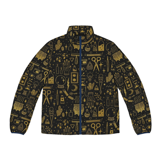 Puffer jacket with mystical and occult design elements