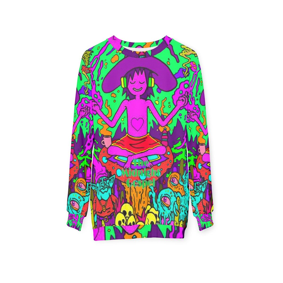 Vibrant "Midnight Gospel" abstract artwork sweatshirt - hanging