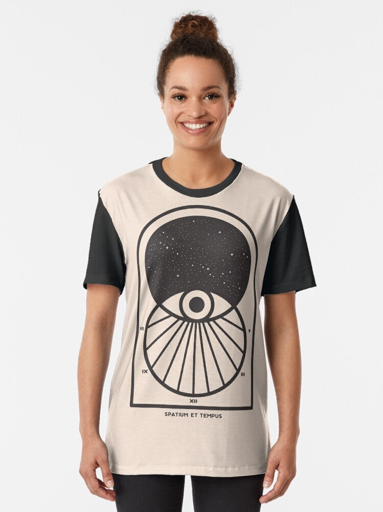 Space and Time Minimalist Graphic T-Shirt featuring a Venn diagram design with the sun, stars, and cosmic elements - Women