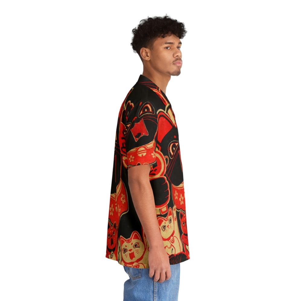 Quirky retro Hawaiian shirt with a lucky cat revolution design - People Pight