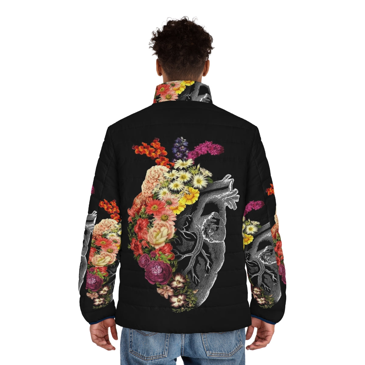 Flower Heart Puffer Jacket featuring a vintage-inspired floral and botanical anatomical heart design - men back