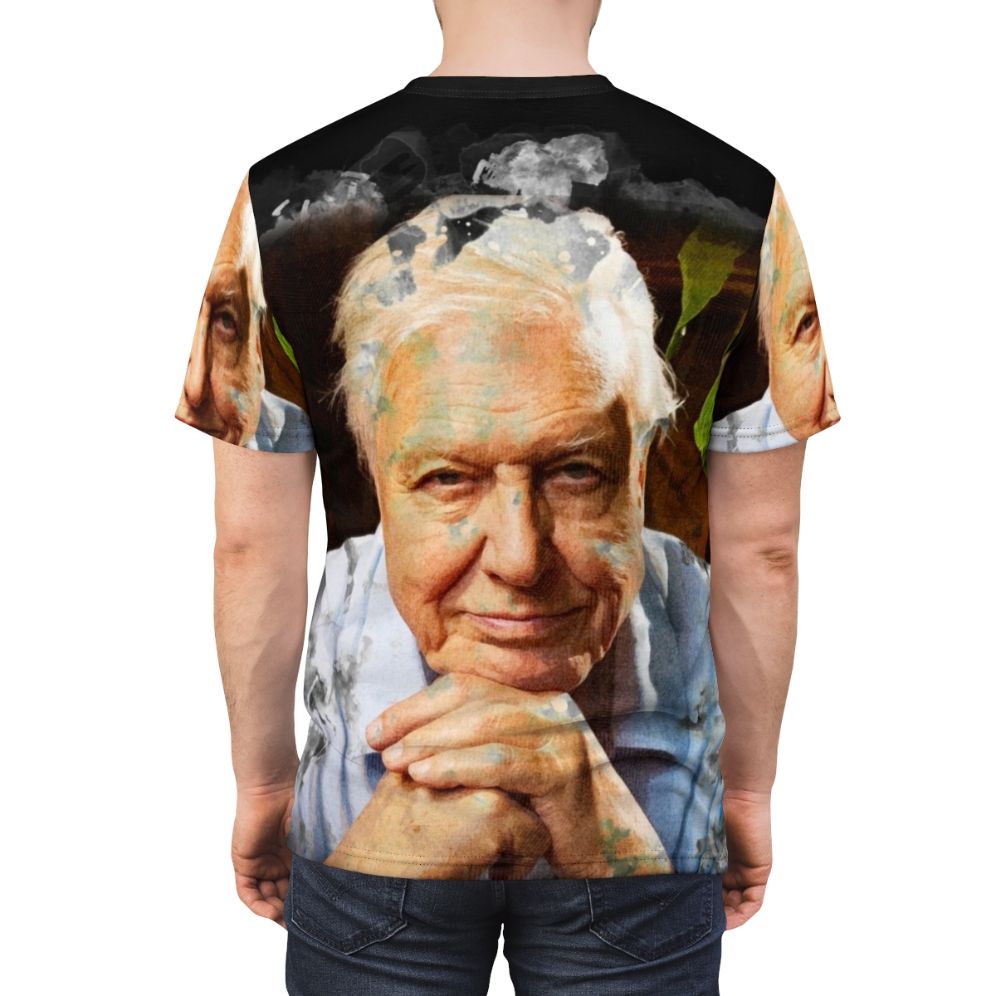 Watercolor portrait of David Attenborough, renowned naturalist and wildlife documentary presenter, on a t-shirt. - men back