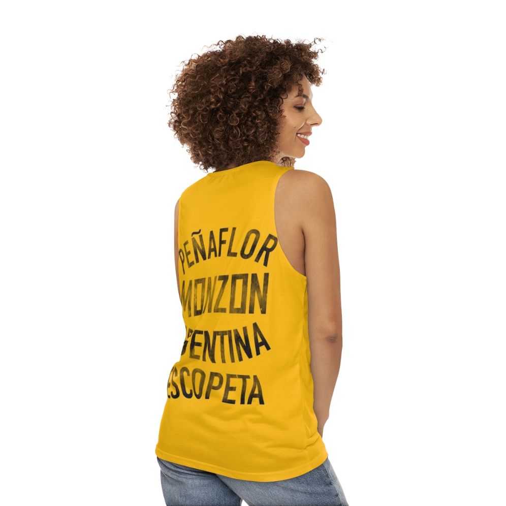 Vintage boxing memorabilia featuring Carlos Monzon's boxing training camp unisex tank top - women back