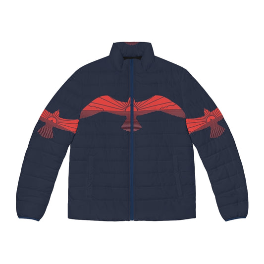 Larus Marinus Puffer Jacket featuring minimalist line art design inspired by seagull in flight at sunrise