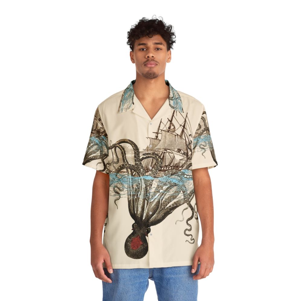 Beware the Kraken Hawaiian Shirt featuring a sea monster design - People Front