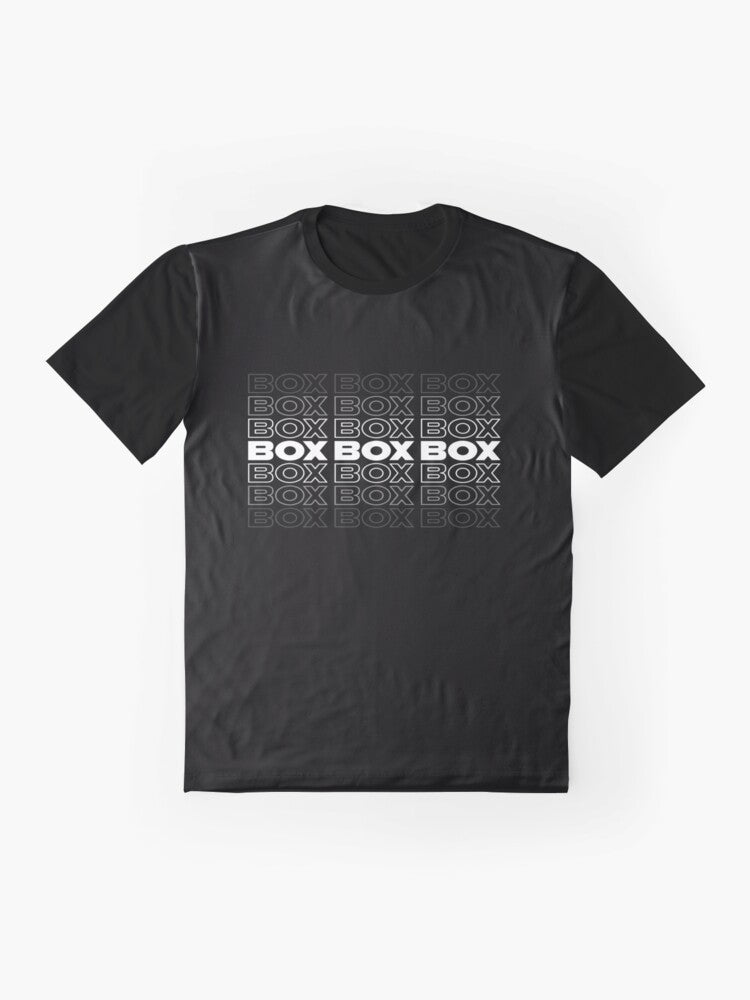 A formula 1 racing graphic t-shirt with a faded box design. - Flat lay