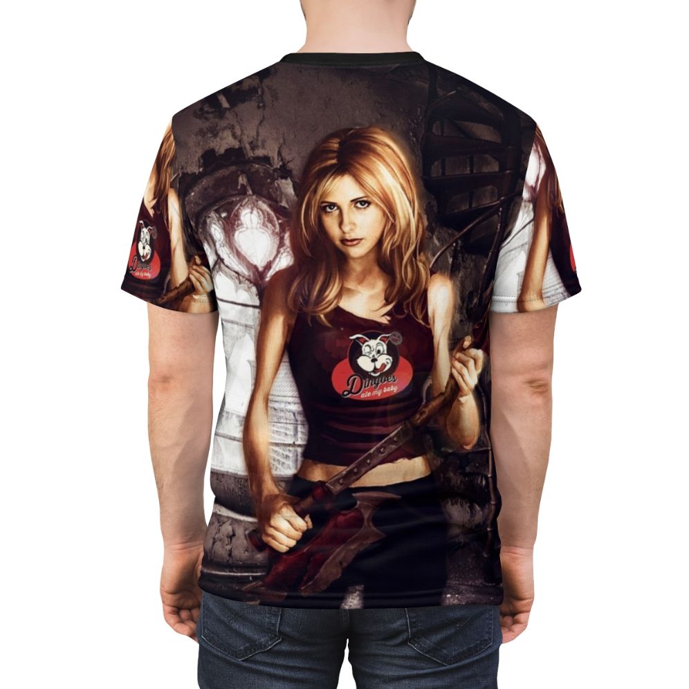 Buffy the Vampire Slayer inspired fan t-shirt with slayer and vampire designs - men back