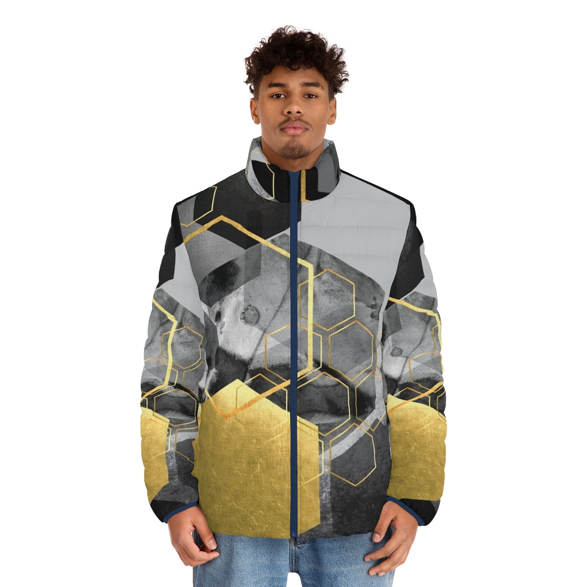 Geometric hexagon pattern puffer jacket with modern abstract art design - men front