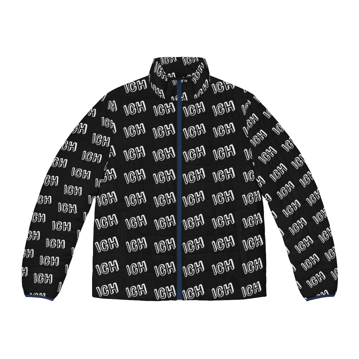 German-inspired "Ich Me" puffer jacket with white text design