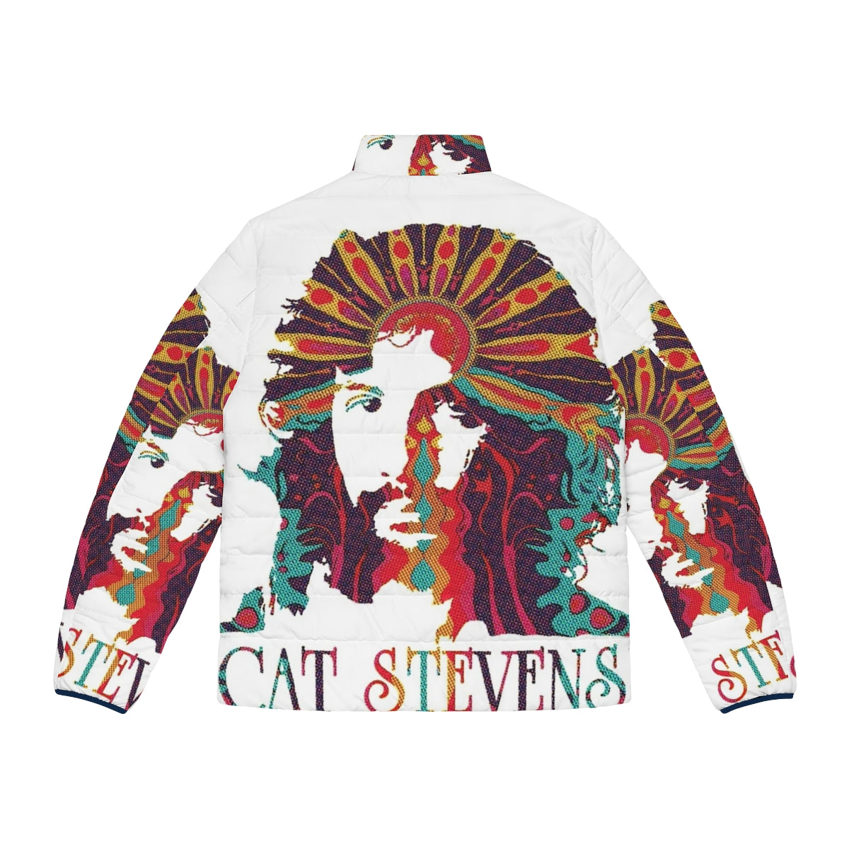 Cat Stevens singer songwriter wearing a psychedelic graphic puffer jacket - Back