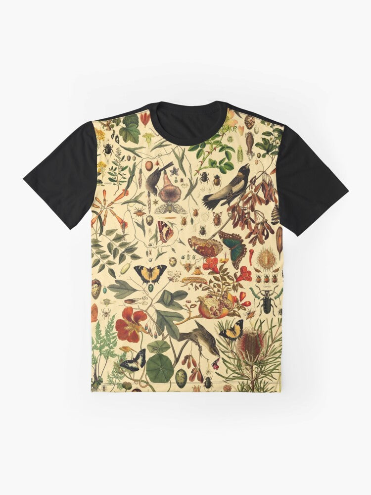 Biology 101 Warm Nature Graphic T-Shirt with a repeating pattern of plants, insects, and animals - Flat lay