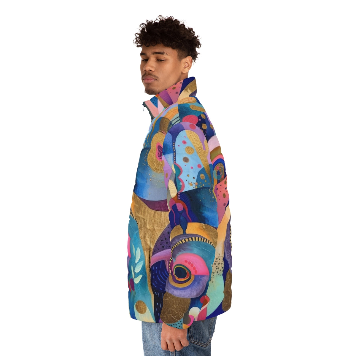 Vibrant tropical garden puffer jacket with abstract shapes and patterns - men side left