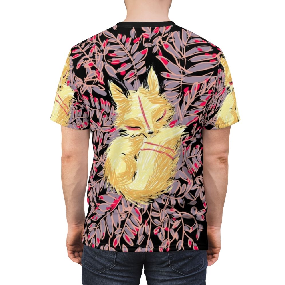 A vibrant t-shirt design featuring a majestic red fox in an autumn forest setting. - men back