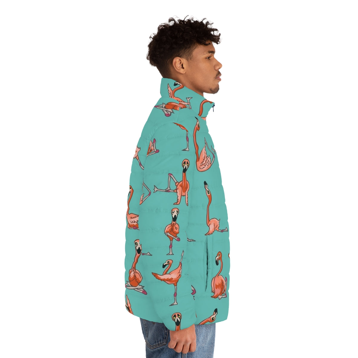 Flamingo Yoga Puffer Jacket - Motivational Activewear for Summer Workouts - men side right