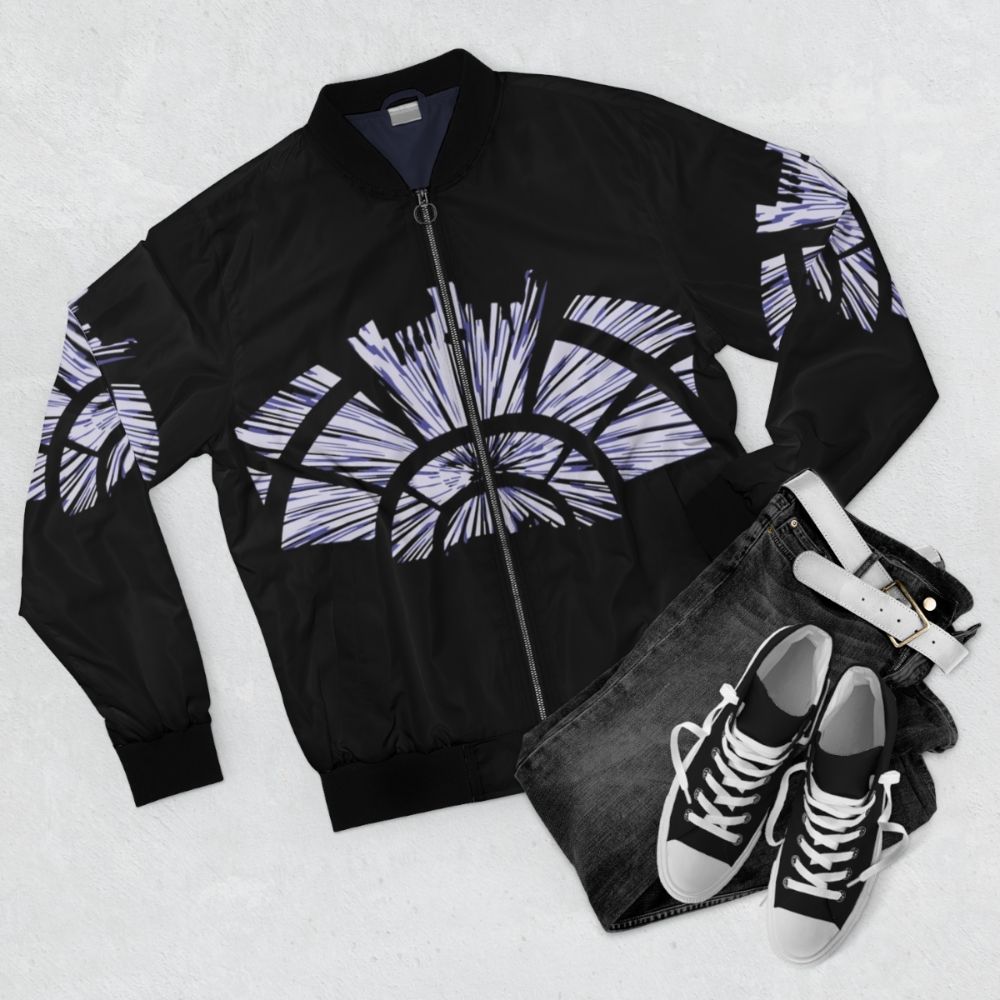 A vintage-inspired bomber jacket featuring Star Wars characters and imagery. - Flat lay