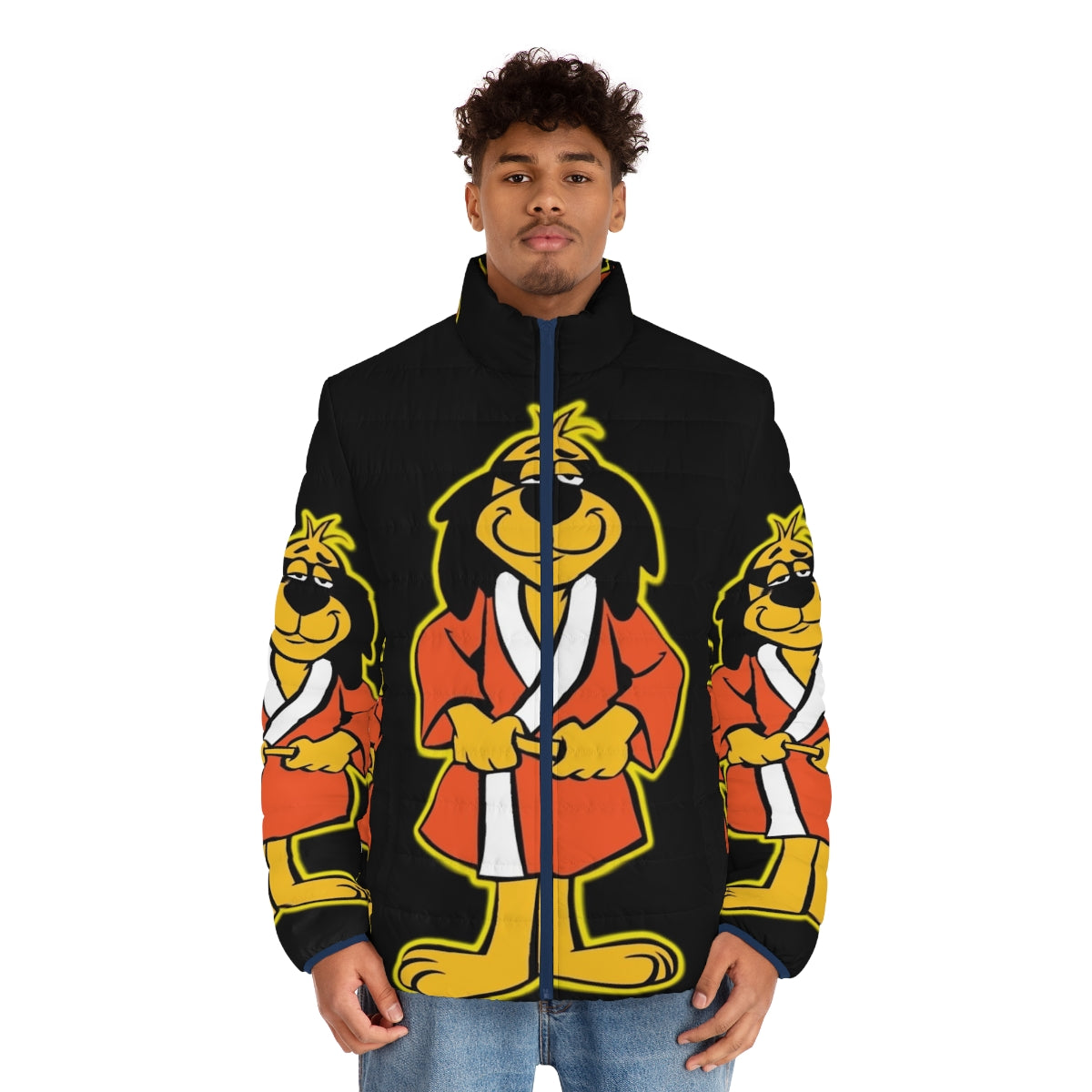 Hong Kong Phooey character wearing a black puffer jacket - men front