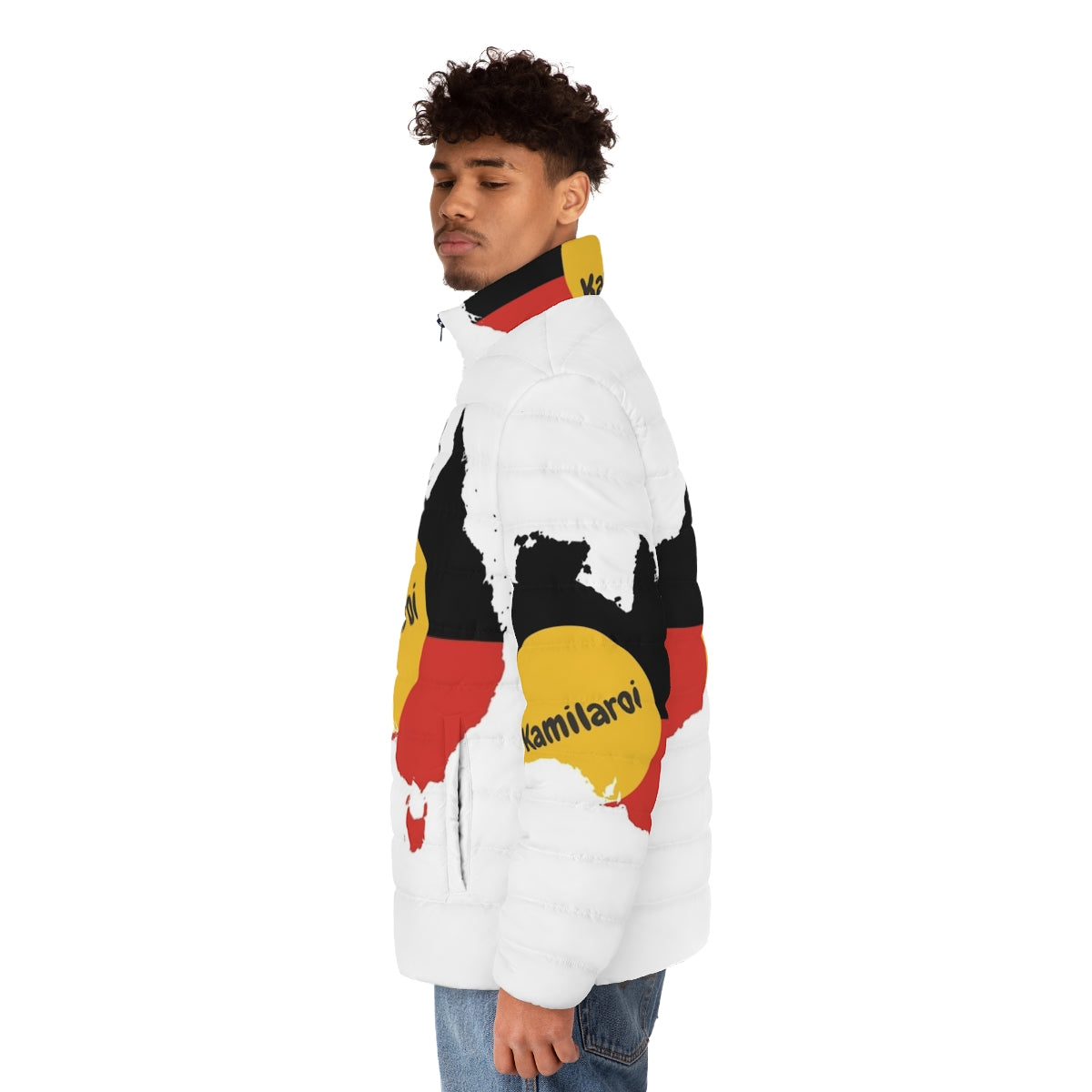 Kamilaroi Aboriginal Australian Puffer Jacket featuring indigenous Australian design and cultural elements - men side left