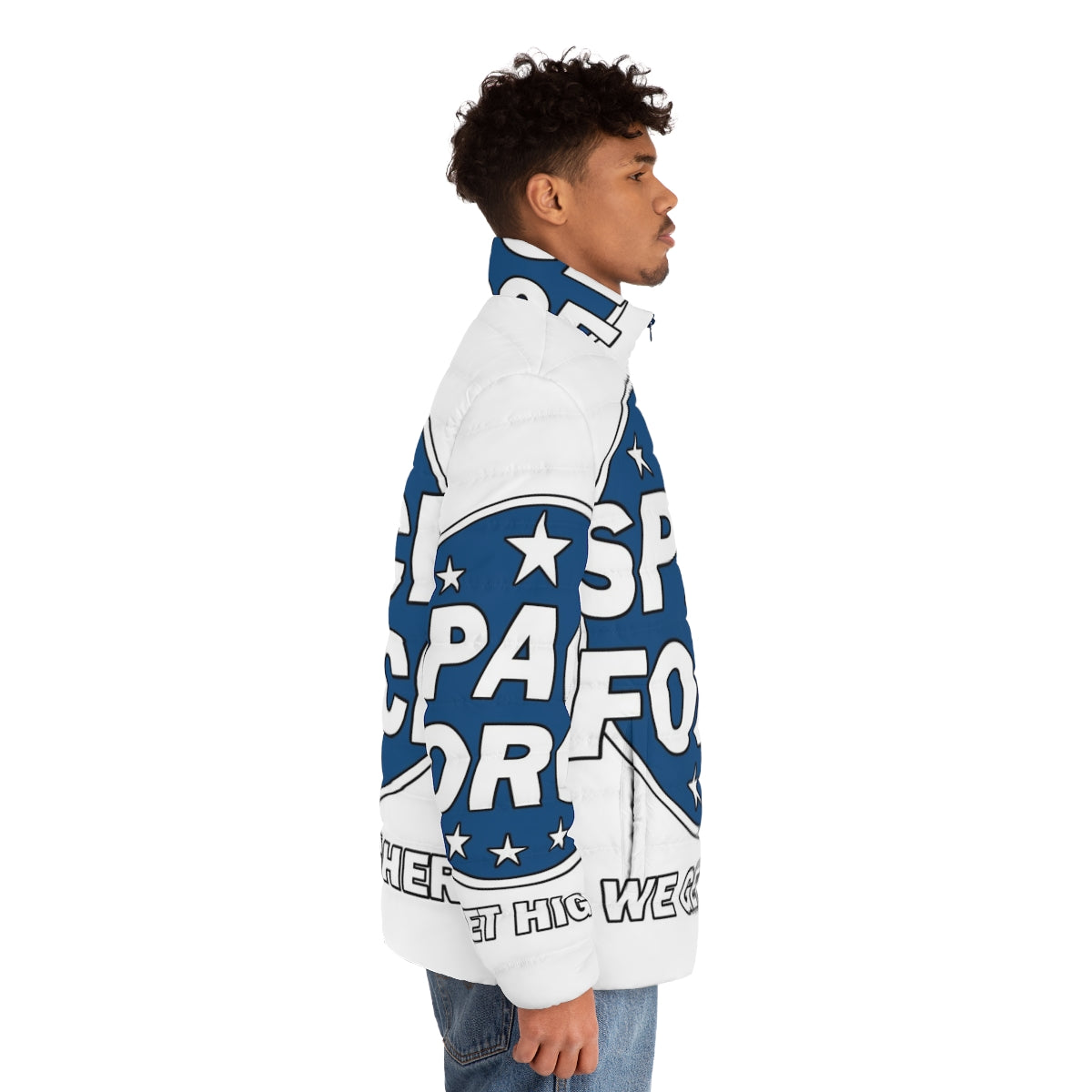 Space Force Puffer Jacket with "We Get Higher" quote from the Netflix series - men side right