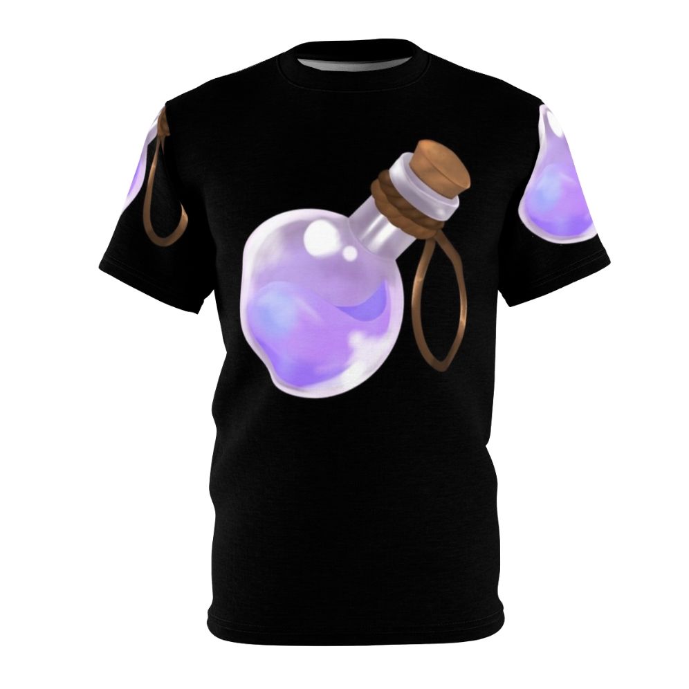 Illustration of a magical blue and red potion on a t-shirt design for fantasy game enthusiasts